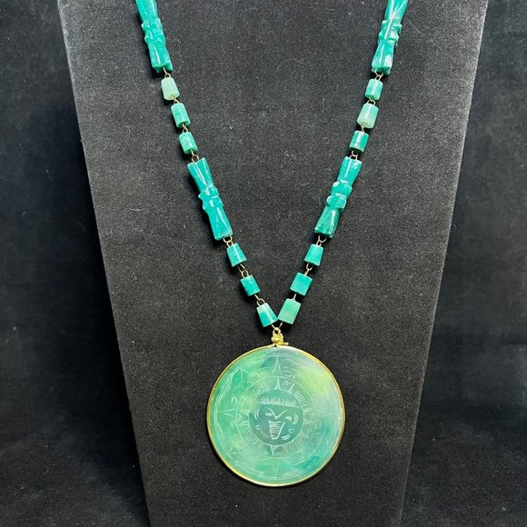 Vintage Inca Carved Sun God Cave Onyx And Gold Tone Hand Wired Necklace (3574) - Picture 1 of 7